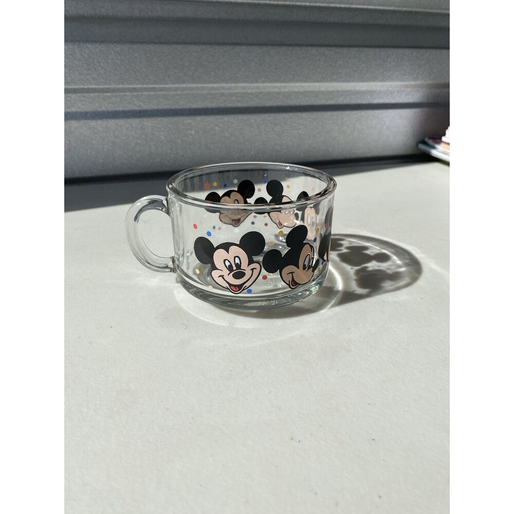Vintage Disney Mickey Mouse Faces Clear Glass Coffee Mug Tea Cup Multi Graphics